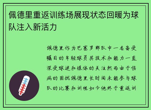 佩德里重返训练场展现状态回暖为球队注入新活力